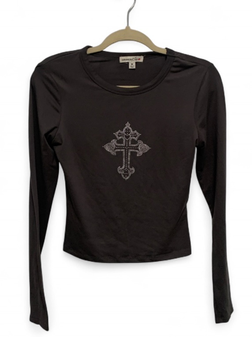 Orange Kiss Gray Long-Sleeve Rhinestone Cross Tee